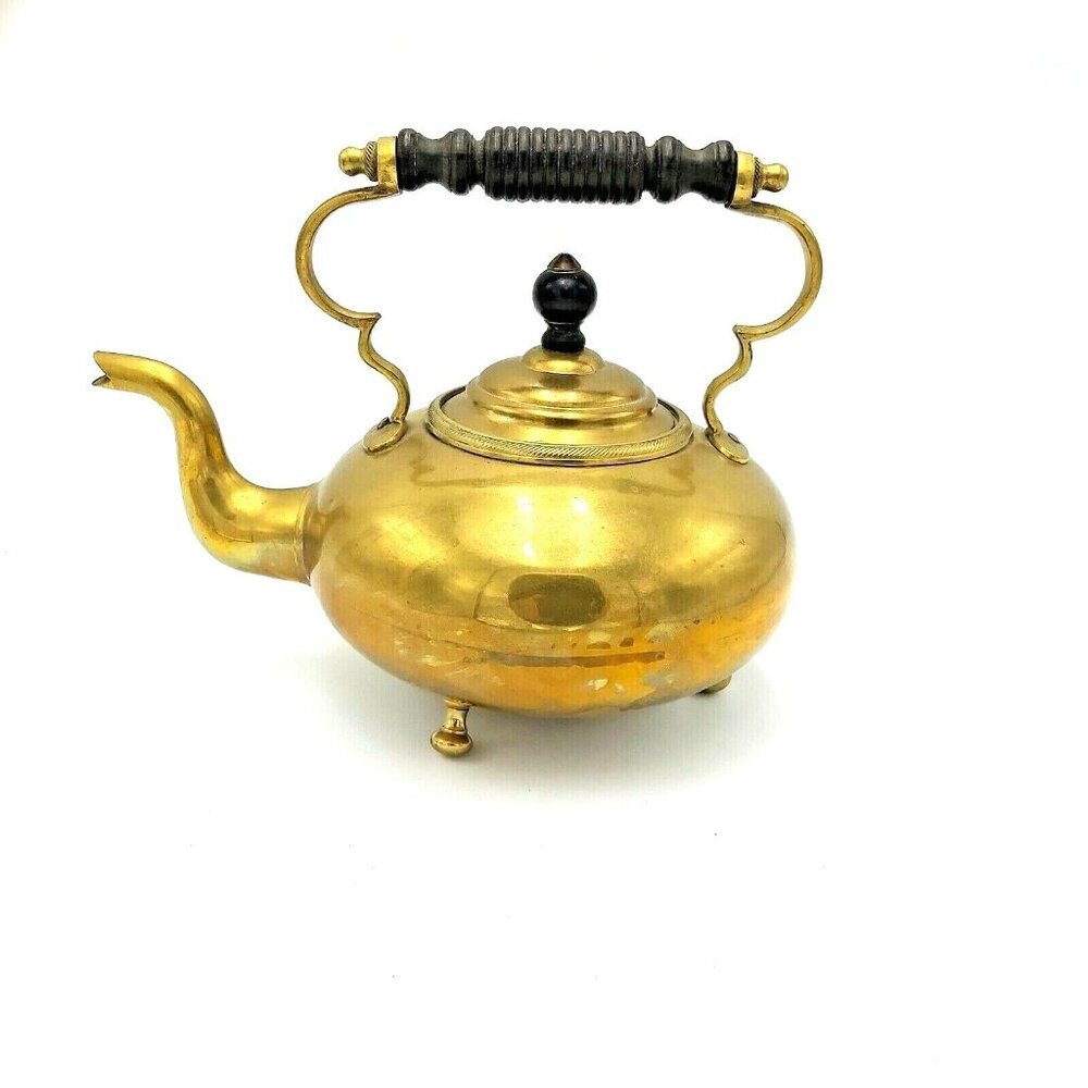 Brass Water Kettle Teapot with Wooden Handle 3 Legs Marked SAS Bottom Metalware